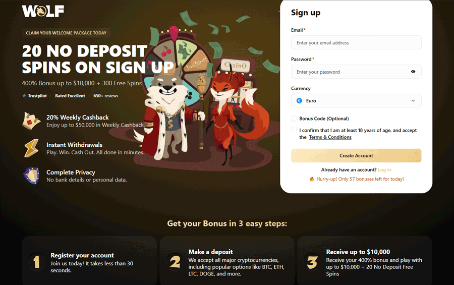 Wolf.io Casino no deposit bonus – 20 free spins on registration