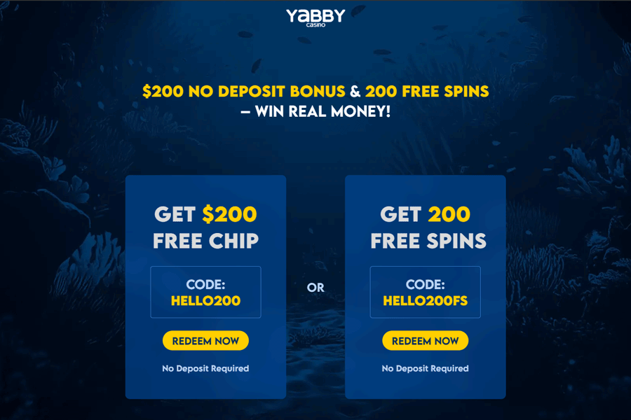 Yabby Casino - pick a $200 no deposit bonus or 200 free spins real money